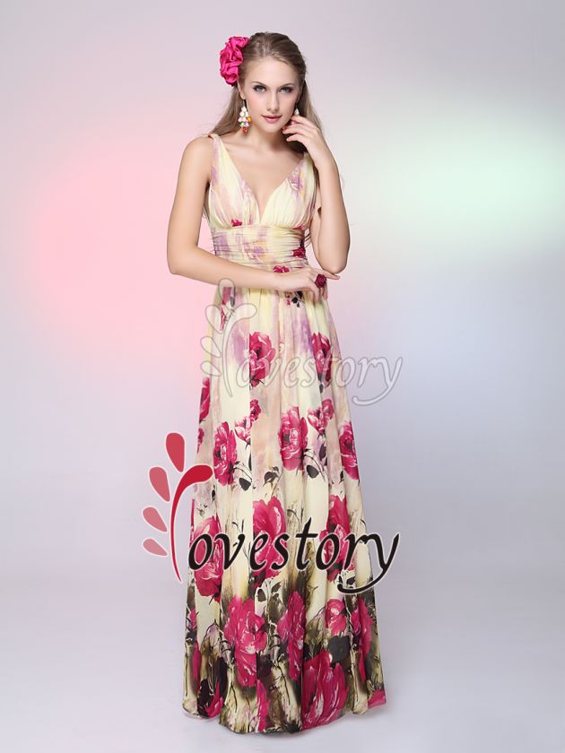 Double V neck Floral Printed Prom Gown 09638 US Size 16 610585941409 
