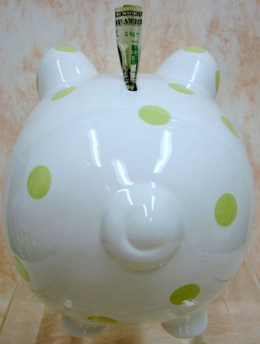 PIGGY BANK White w/Green Dots LG Personalized 279841  