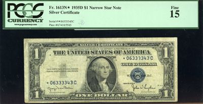 1935 D PCGS FINE 15 FR. 1613N* 1 DOLLAR NARROW STAR NOTE SILVER CERT 