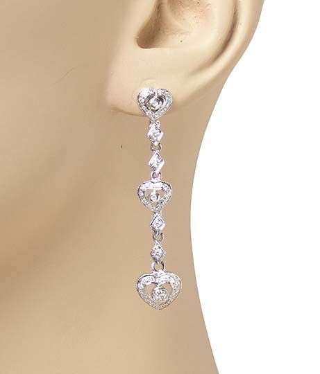 LONG 14k WHITE GOLD DIAMONDS HEART DANGLE EARRINGS  