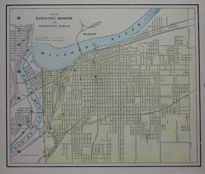 1888 Streetcar Cable Railroad Map KANSAS CITY Missouri Harlem Shawnee 