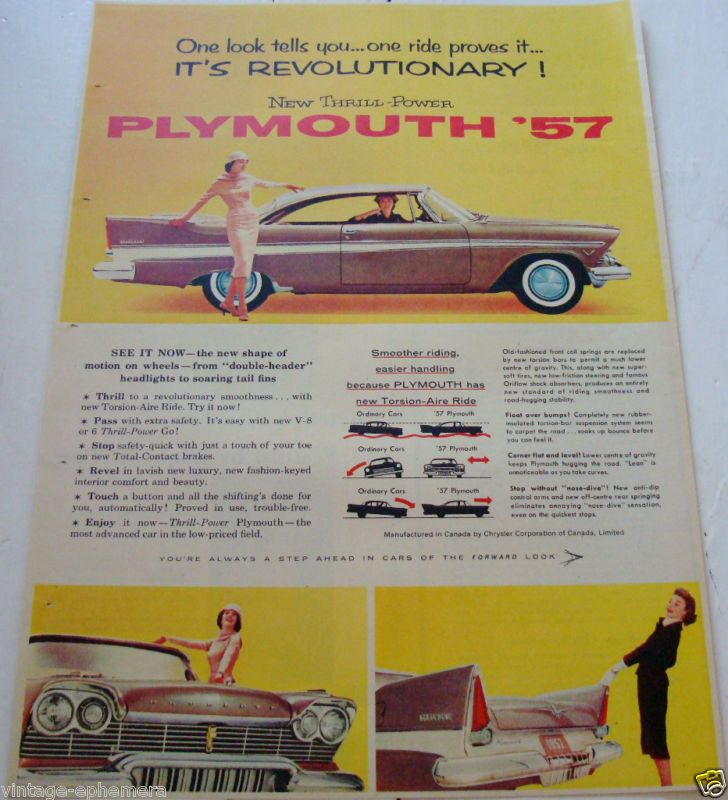 1957 PLYMOUTH COUPE CAR TORSION AIRE RIDE CANADA AD  