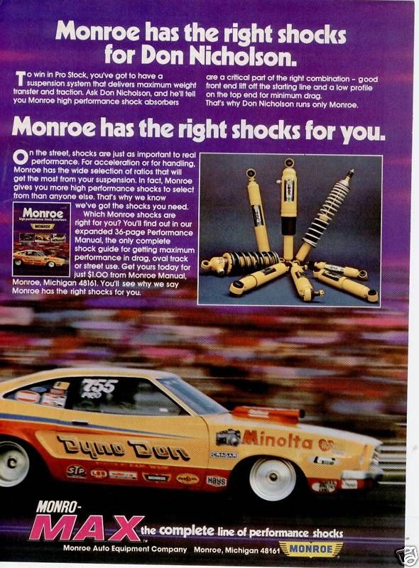 1974 MONROE SHOCKS DON NICHOLSON RACE CAR DYNO PRINT AD  