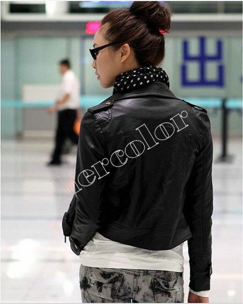 2011 NEW Fashion Women PU Leather Epaulet Slim Jacket Coat Black/White 