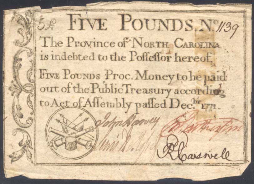 NORTH CAROLINA COLONIAL CURRENCY RARE FIVE POUND NOTE  