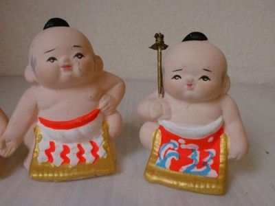 Japanese Ceramic Ningyo Doll   Sumo 3 Wrestlers & Judge  