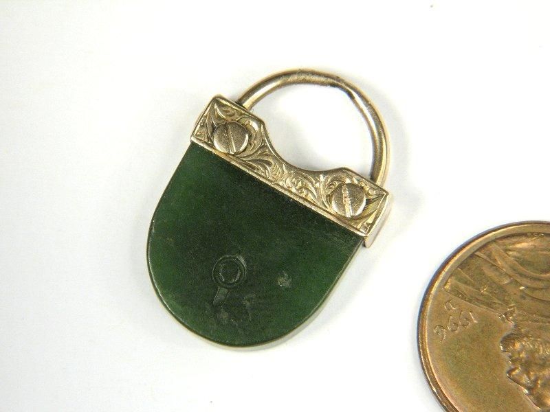 ANTIQUE 9K GOLD NEPHRITE JADE GREENSTONE PADLOCK CHARM  