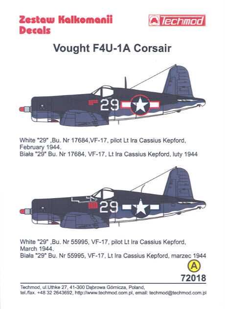 Techmod Decals 1/72 VOUGHT F4U 1A CORSAIR Fighter  