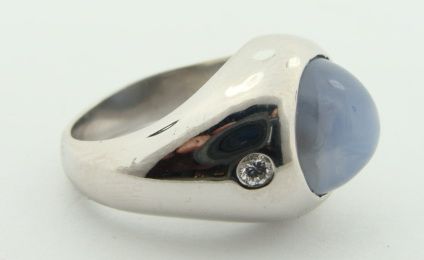 Mens 14K White Gold Diamond Blue Star Sapphire Ring  