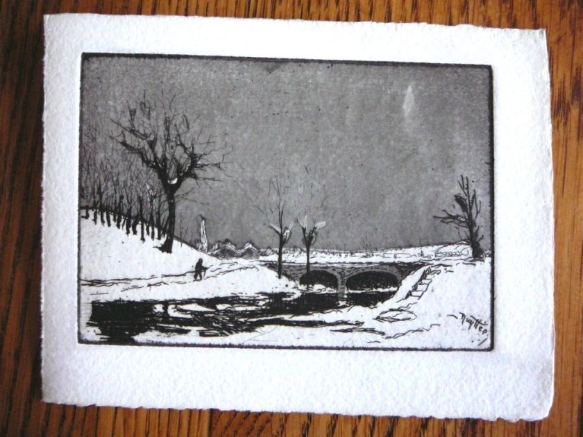 Etching Winter Bridge Scene 1930s Nuyttens  