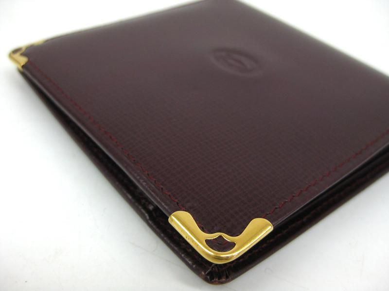 Auth Cartier Bifold Wallet Mast Leather Wine  