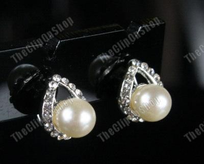 CLIP ON PEARL&CRYSTAL diamante TEARDROP stud EARRINGS vintage style 