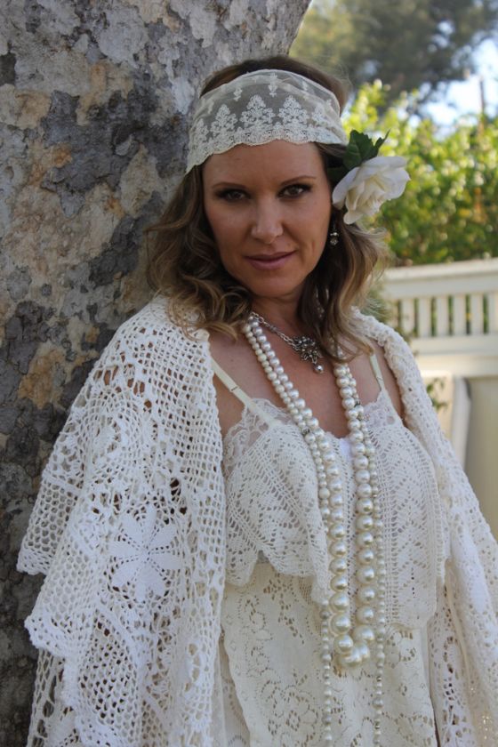 ROMANTIC MAGNOLIA WHITE PEARL LACE DRESS AND SHAWL WRAP OOAK  