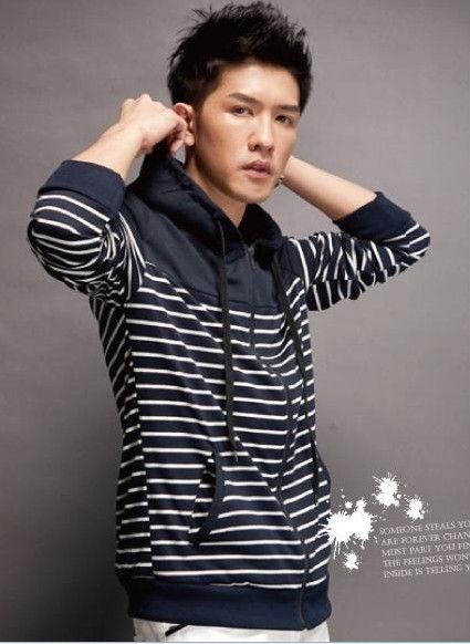 Zipper Drawstring Hoodie Stripe Young Men Coat Navy  