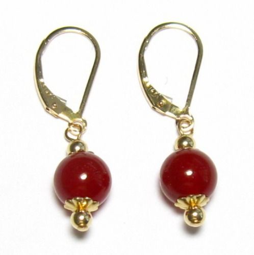 8MM GENUINE RED JADE 14K GOLD LEVER BACK EARRINGS  