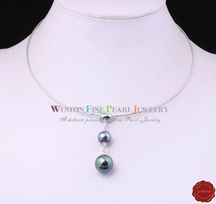 SEA SHELL PEARL SOLITAIRE PENDANT STEEL CHOKER NECKLACE  