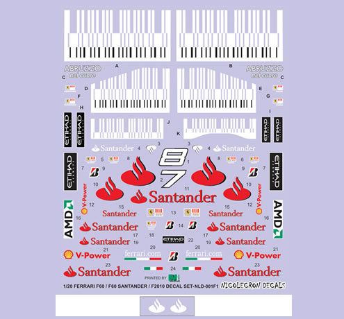 Decal 1/20 F1 Ferrari F10 Alonso massa senna Schumacher badoer for 