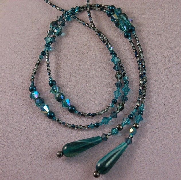 Teal Long Lariat Tie Necklace made using Indicolite Swarovski Crystals 