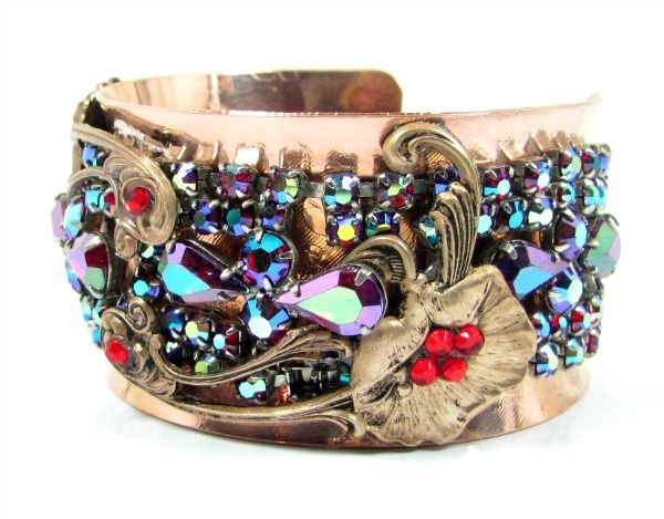   Cuff Bracelet OOAK Ruby Red Aurora Boralis Assemblage Artisan  