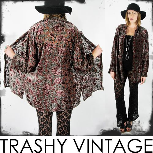   gypsy SHEER floral BURNOUT VELVET draped KIMONO shirt jacket top S/M/L