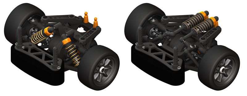 The front shock fitting can also be changed to a more standard upright 