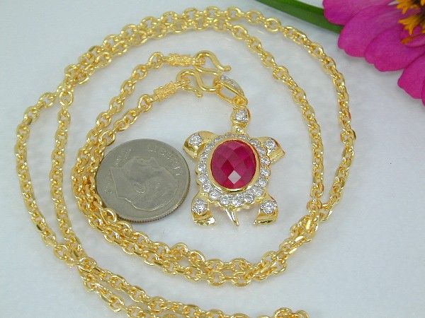   SEA TURTLE RUBY CZ PENDANT 22K 24K Gold GP Baht Thai Necklace  