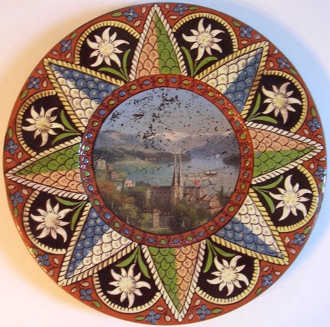 Thun Thuner Majolica Swiss Pottery Plate Church c.1890  