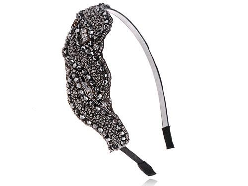 Metallic Gunmetal Grey Crystal Bead Design Band Fashionable Hair Piece 