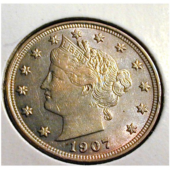 Liberty Head Nickel 1907.GradeAU+.*Problemshort scratch on face.