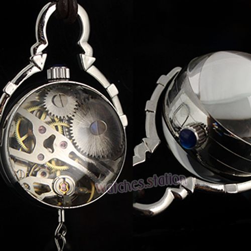 Steampunk Mechanical Pocket Watch Silver Skeleton Bell  