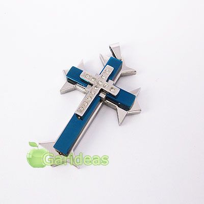   Steel Diamond Multi Blue Cross Chain Pendant Necklace ID3664  