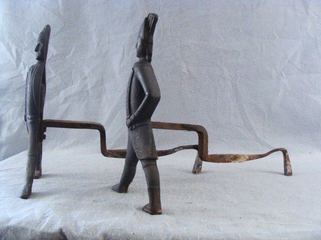 Antique Pair 19c Cast Iron Hessian Figural Andirons  