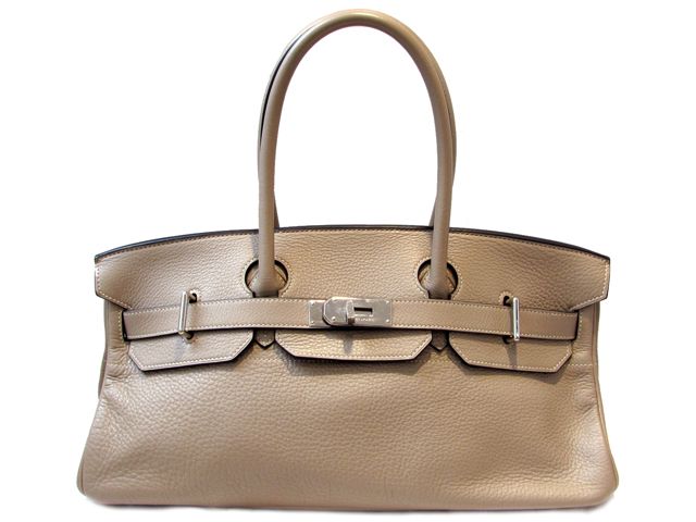 Used HERMES GRIS TOURTERELLE CLEMENCE SILVER BUCKLE SHOULDER BIRKIN 