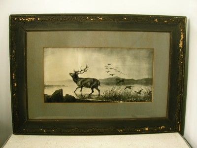   Glass/Rustic Ornate Wood Framed ELK, DUCKS PRINT Black White Contrast