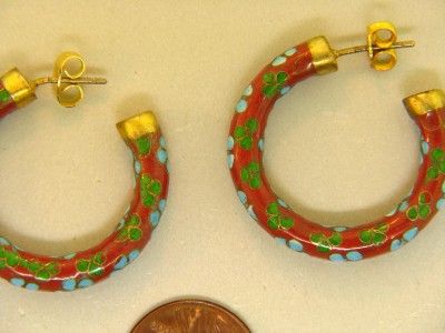 RED BLUE ENAMEL GILDED GOLD CLOISONNE FLOWER HOOP EARRINGS VINTAGE 