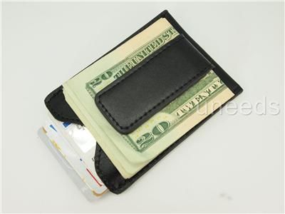 BLACK GENUINE Leather Money Clip ID Wallet Card Holder  