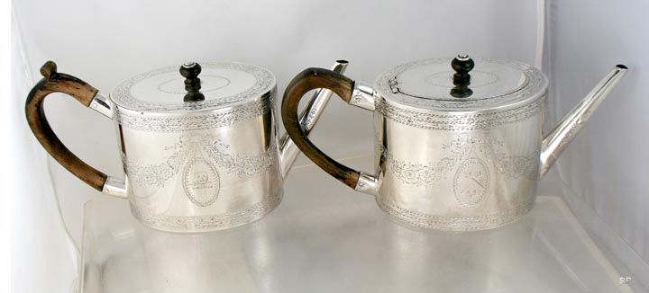 1782 Pair English Sterling Silver Bright Cut Teapots  