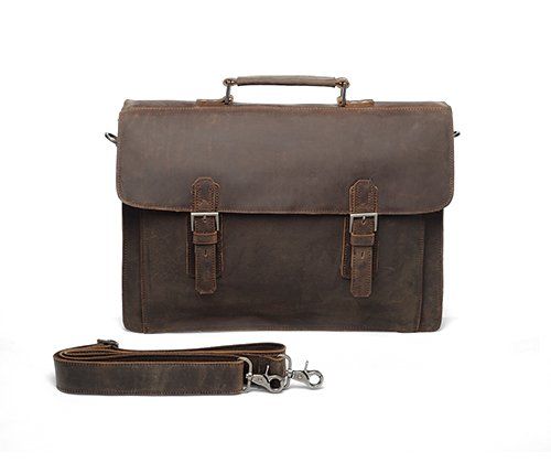 Vintage Style Leather Briefcase Messenger Bag Double Gussets Laptop 