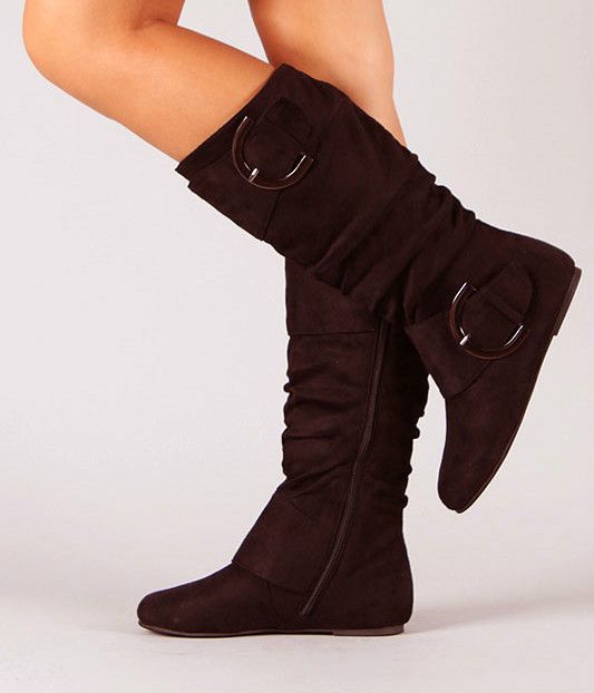  Slouchy Knee High Suede Flat Buckle Boots Black Gray Brown Size  