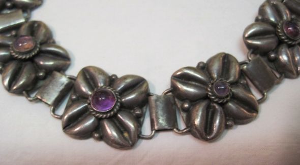 MEXICO MEXICAN 925 STERLING SILVER BRACELET~EARRING SET~AMETHYST STONE 