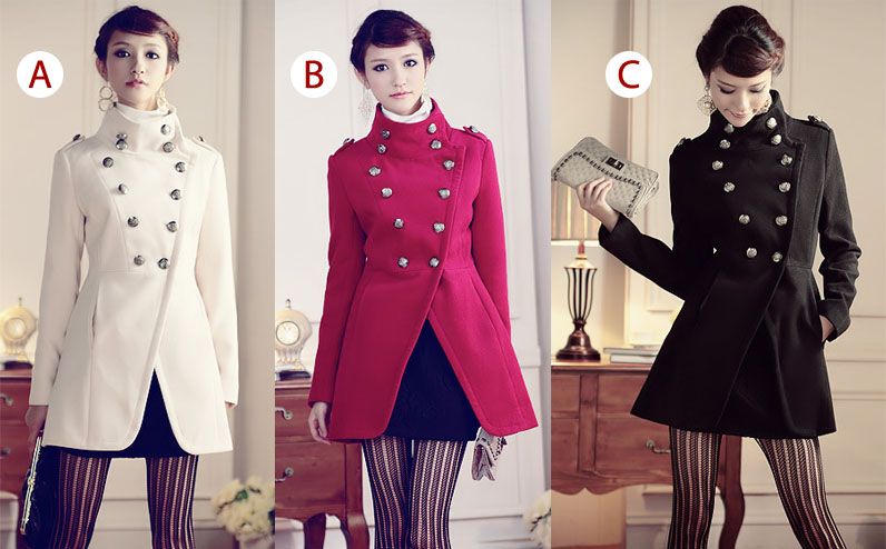   Lady Winter Woolen Double breasted Trench Stand Collar Coat Jacket Hqa
