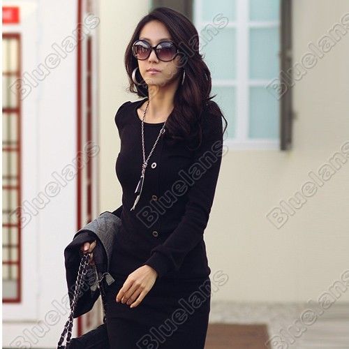 Ladies Fall Winter Scoop Neck Long Crocheting Knit Special Button Mini 