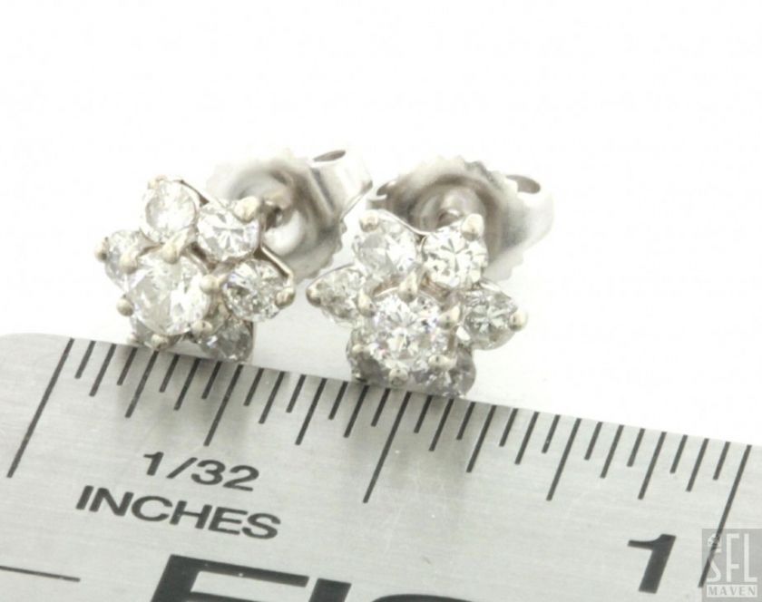 14K WHITE GOLD LOVELY ELEGANT .88CT DIAMOND CLUSTER FLOWER STUD 