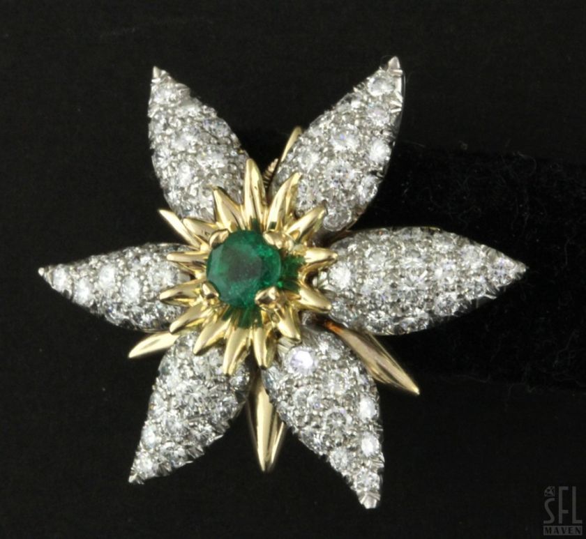 HEAVY VINTAGE PLATINUM/18K GOLD 5.30CTW VS1/F DIAMOND/EMERALD FLOWER 