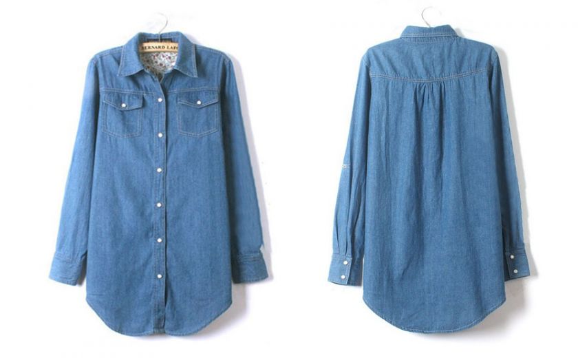   Vintage Pearl Buckle Long Sleeve Jean Denim Shirt Tops Blouse Jrm
