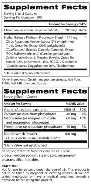 Supplement Facts for Herbal Balance Platinum