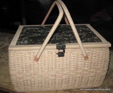   LARGE PINK SEWING BOX WITH FABRIC TOP AND PINK SATIN LINING  