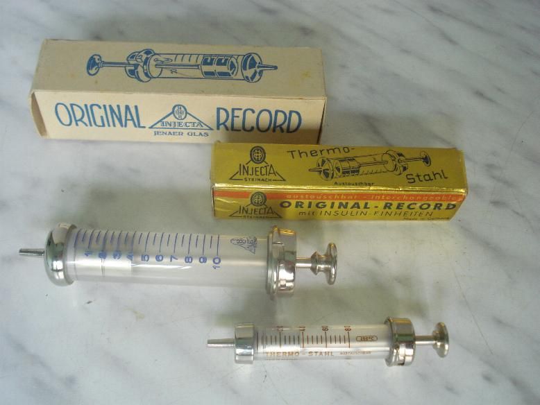 WWII GERMAN MEDICAL SET OF 2 BRASS & GLASS SYRINGES  