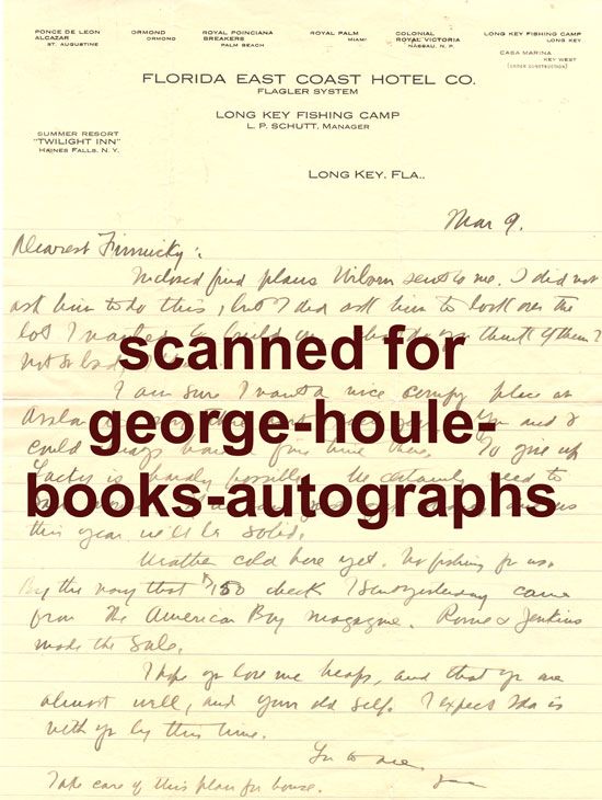 ZANE GREY~LETTER~LONG KEY~CATALINA HOUSE~1920  