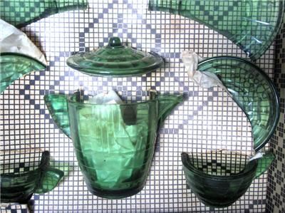 Akro Agate Glass Childrens Green Tea Set Play Time Dishes in Deco Box 